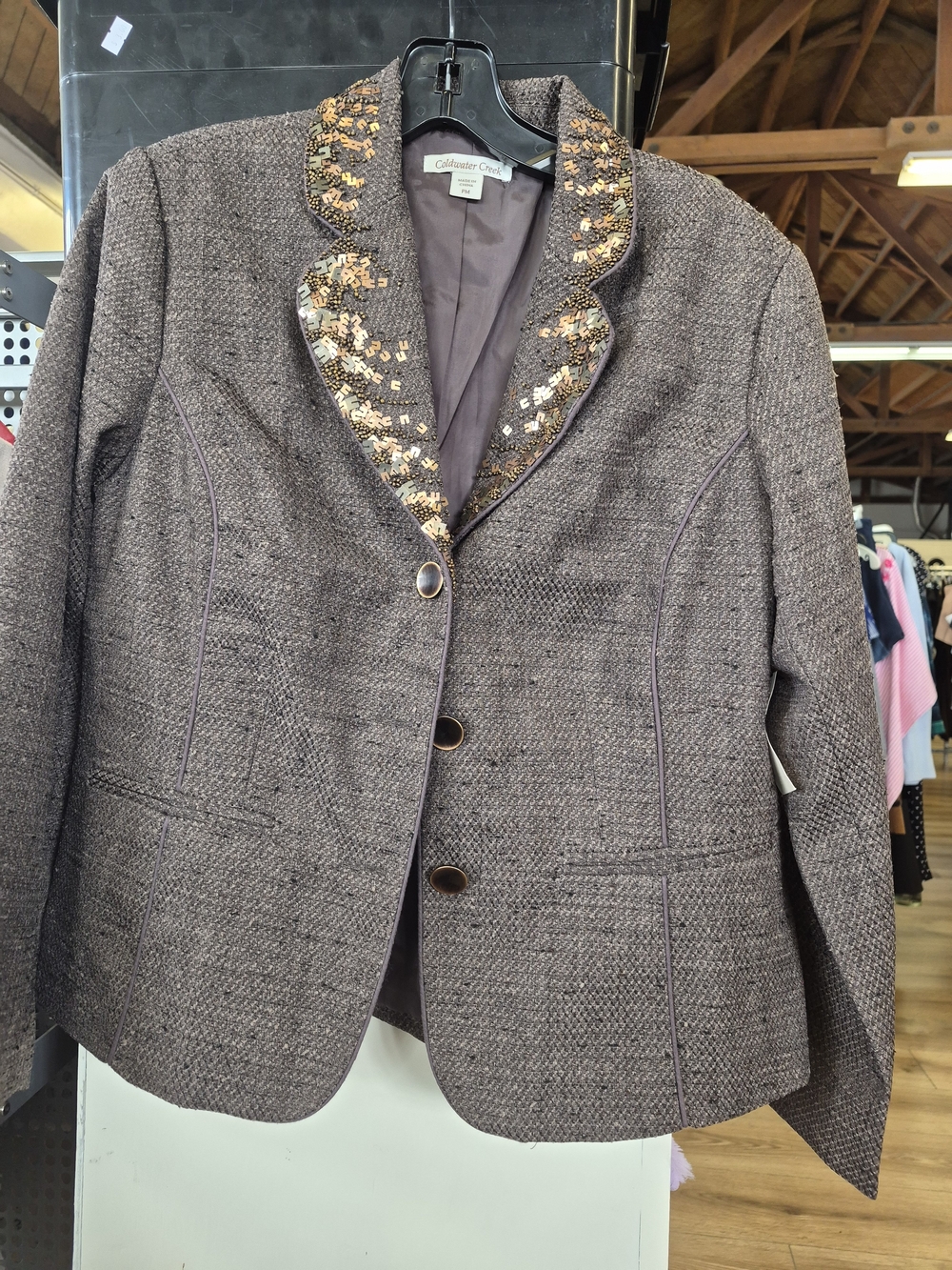 Coldwater Creek Khaki Tweed Blazer with Sequin Trim